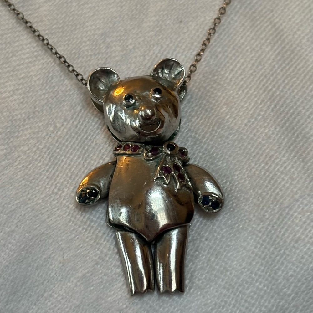 German made Klein & Shutz Silver Articulated Teddy Bear Necklace Ruby & Sapphire